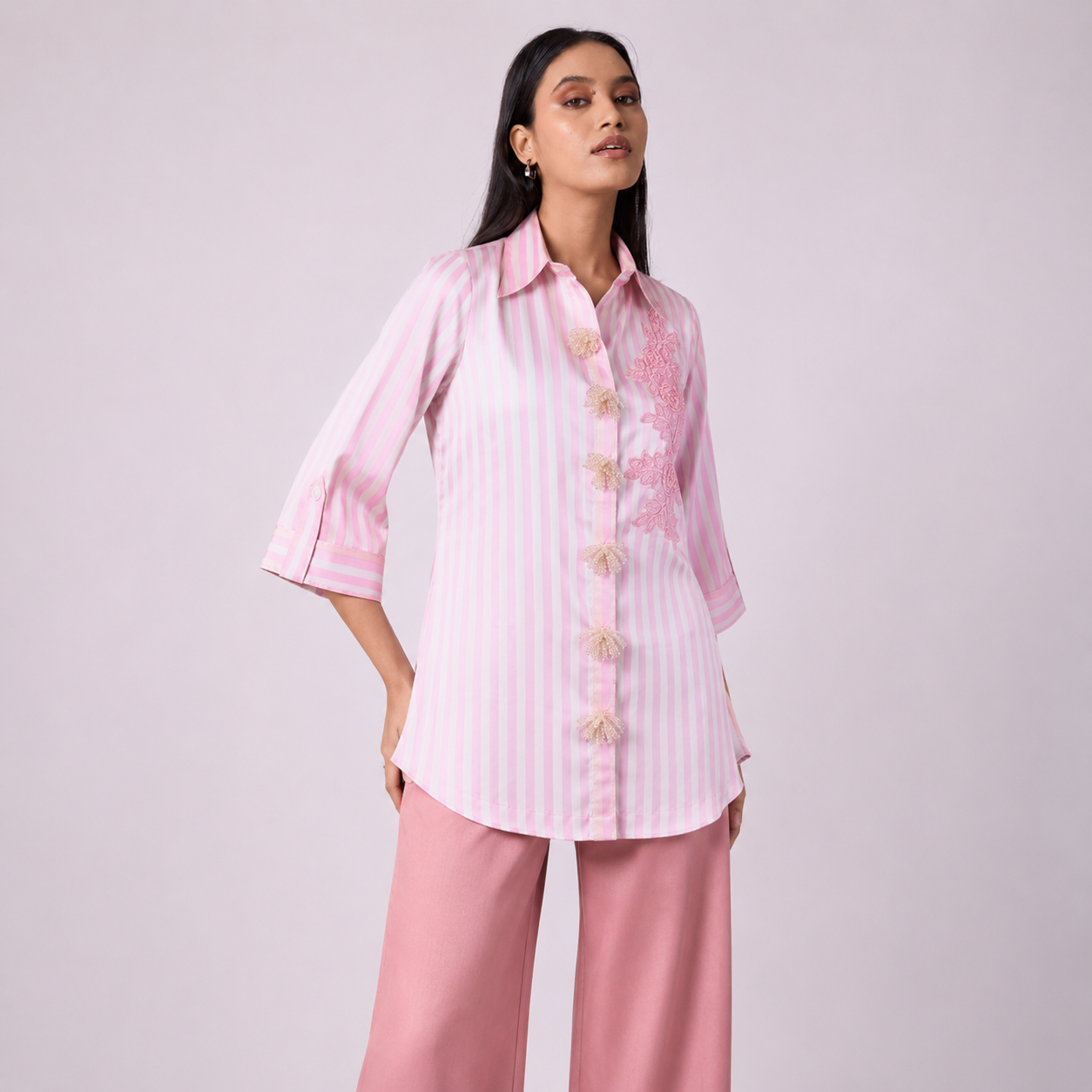 Elegant Pink Striped Shirt with Floral Lace Detailing